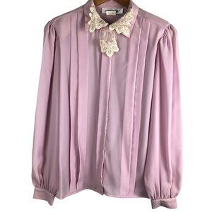 Vintage Grandma Lace Collared Top Blouse Shirt Long Sleeve Semi Sheer Granny Chi